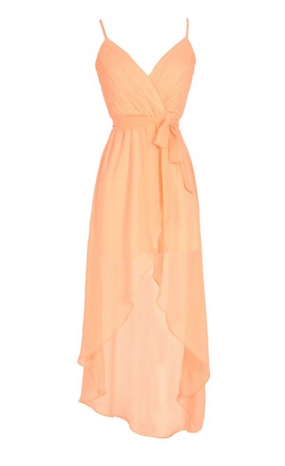 Crinkled Chiffon Crossover High Low Dress in Neon Orange